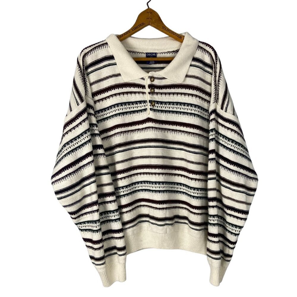 Vintage Cream Polo Sweater with Black and Brown Stripes